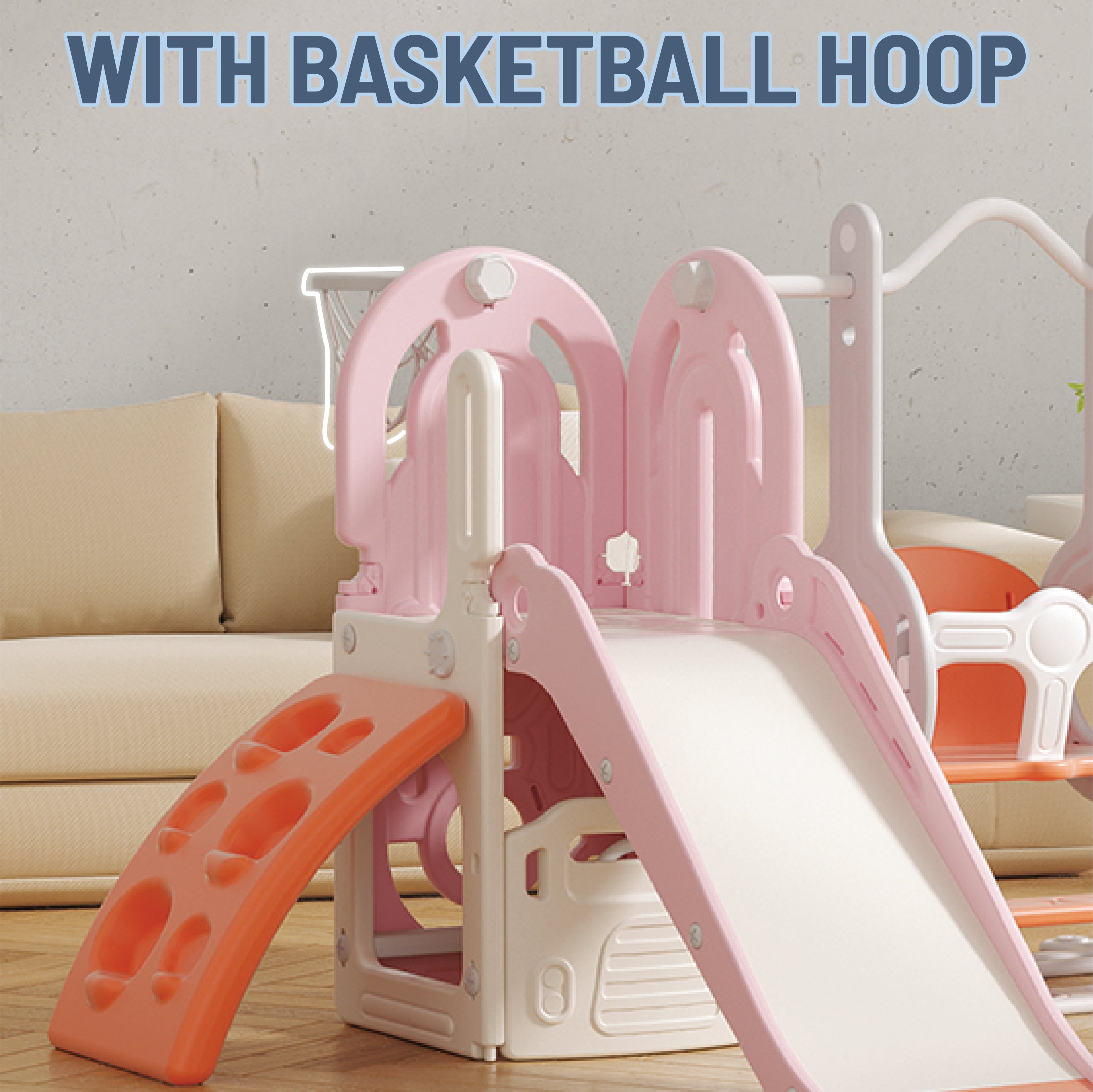 Slide & Swing Set w/ Climbing Wall & Basketball Hoop - Pink - Image 2