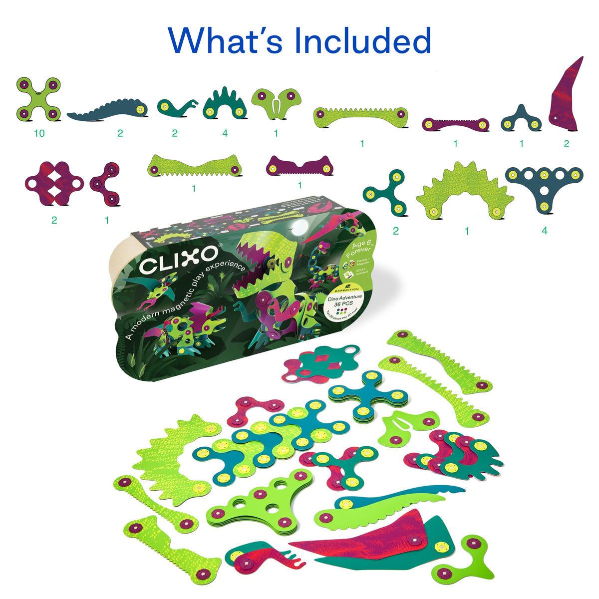 Clixo Dino Adventure Pack - 36 Piece Magnetic Building Set