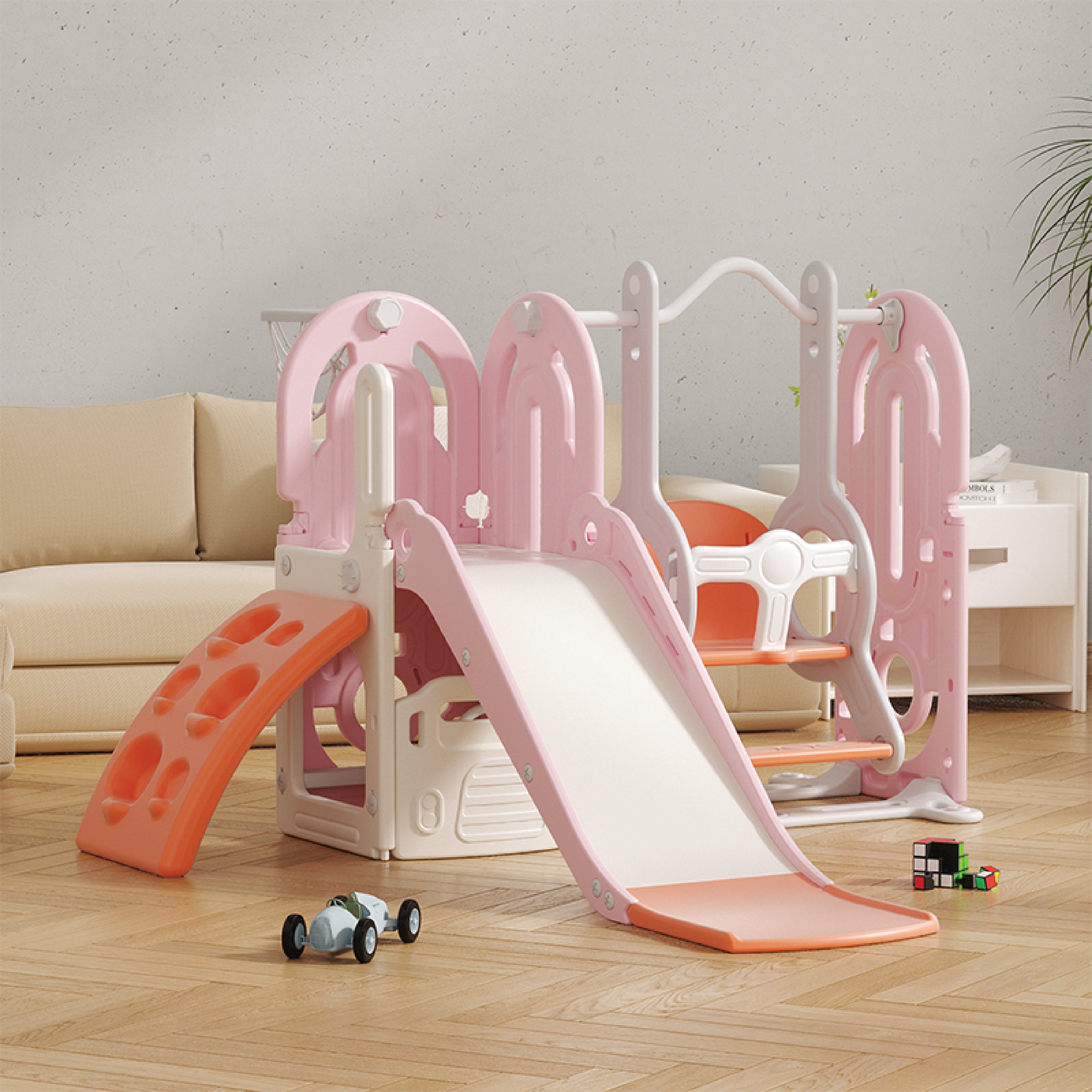 Lovely Baby Slide & Swing Set w/ Climbing Wall & Basketball Hoop - Pink