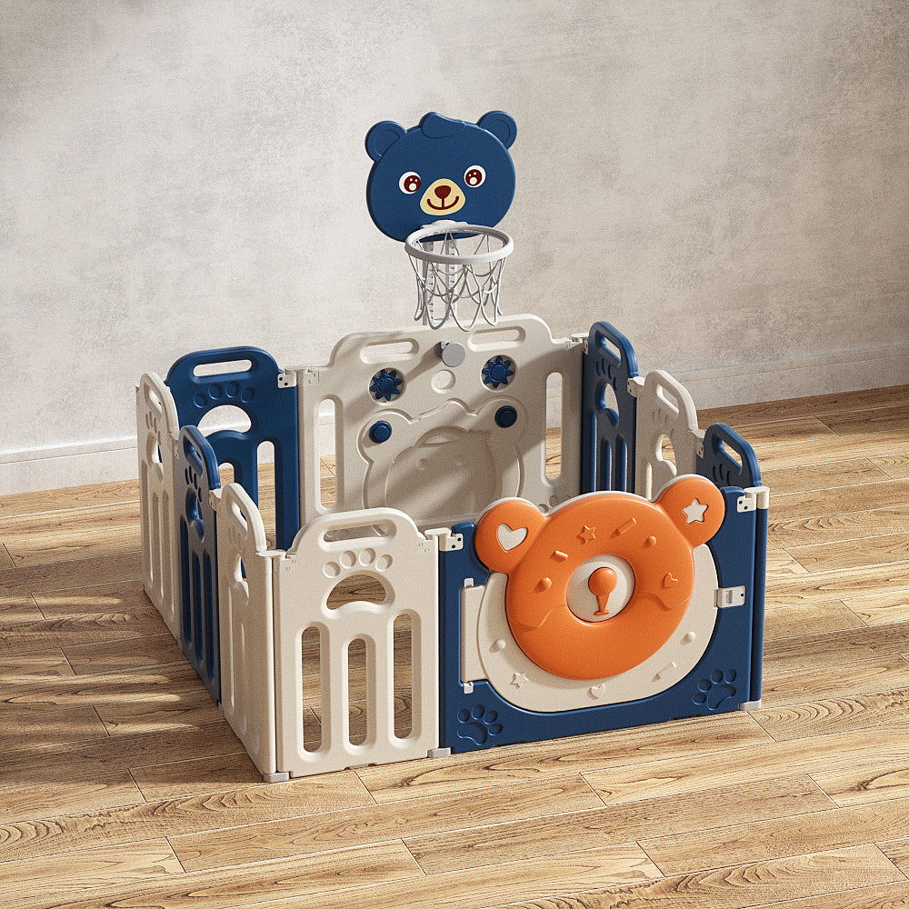 Kids Bear Playpen Blue - w/ Basketball Hoop - 10 pcs - Image 9