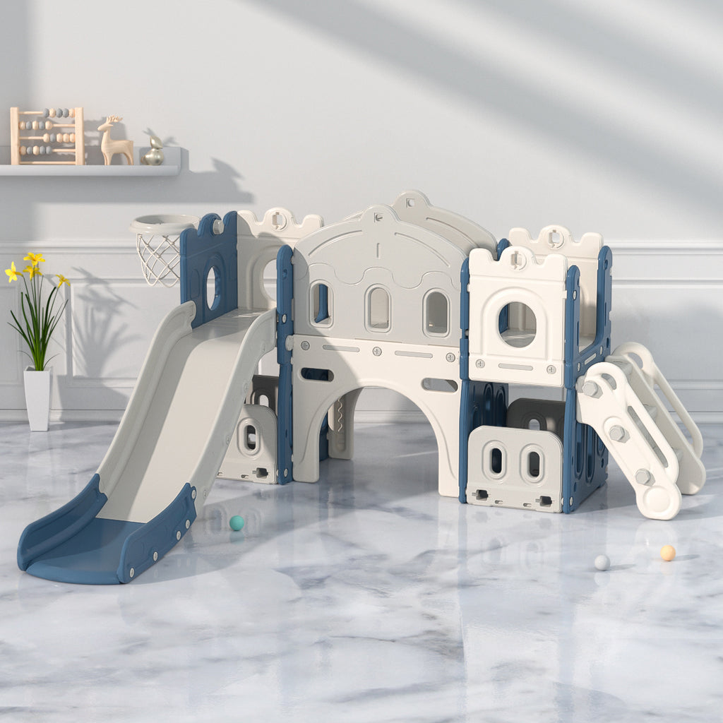 Lovely Baby Twin Tower Playhouse with Slide and Basketball Hoop