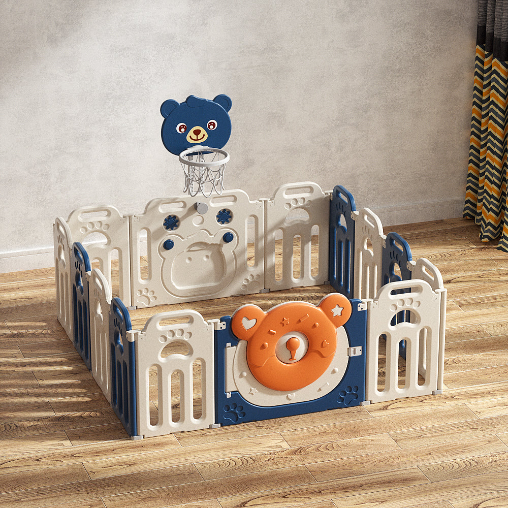 Kids Bear Playpen Blue - w/ Basketball Hoop - 14 pcs - Image 9
